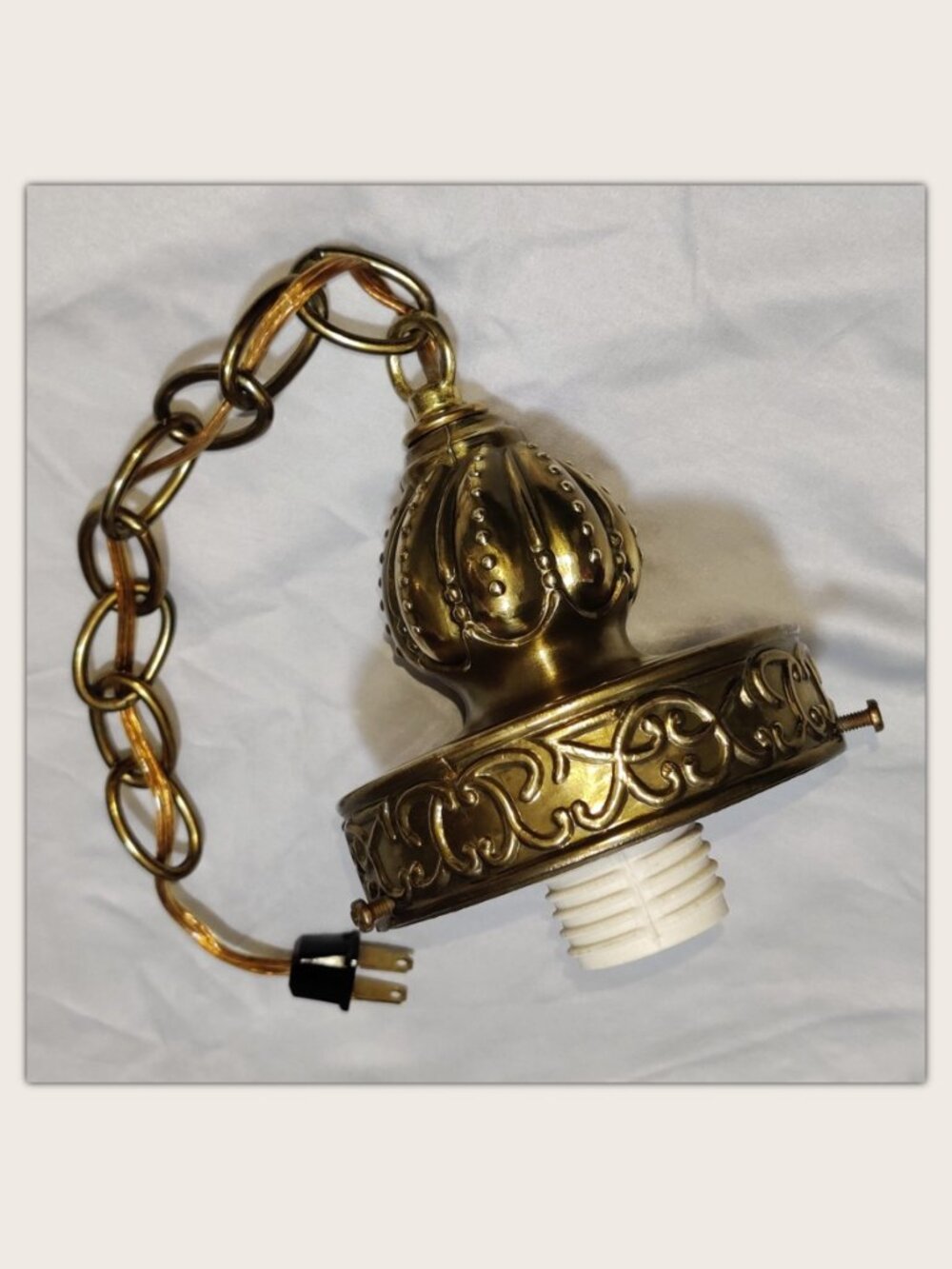 Vintage MCM Swag Lamp w/ Light Diffuser Clear Glass & Brass Tone Metal - Plug-In - Picture 10 of 12